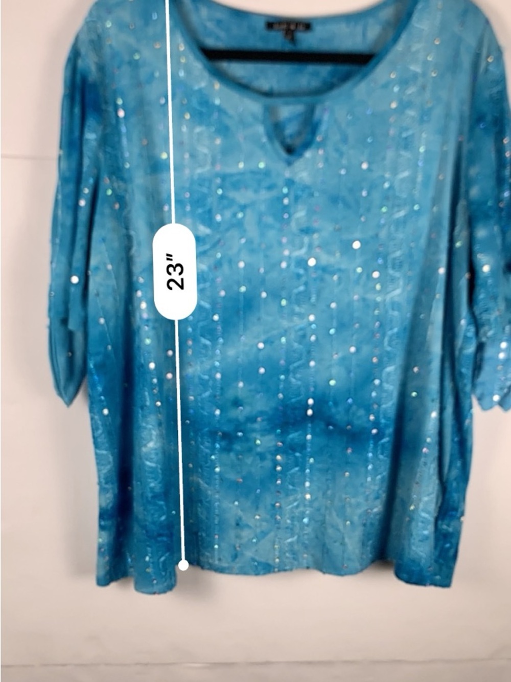 Sami & Jo Womens Top XL Blue Sequin Embellished Slit Tie Sleeve Stretch - Picture 14 of 14